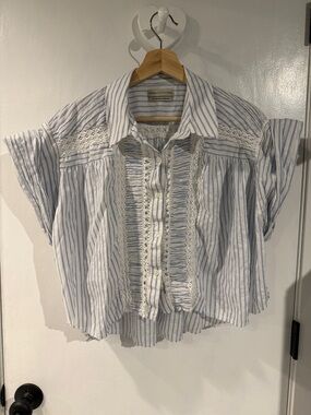 Urban Outfitters Light Blue & White Striped Lace-Trim Blouse